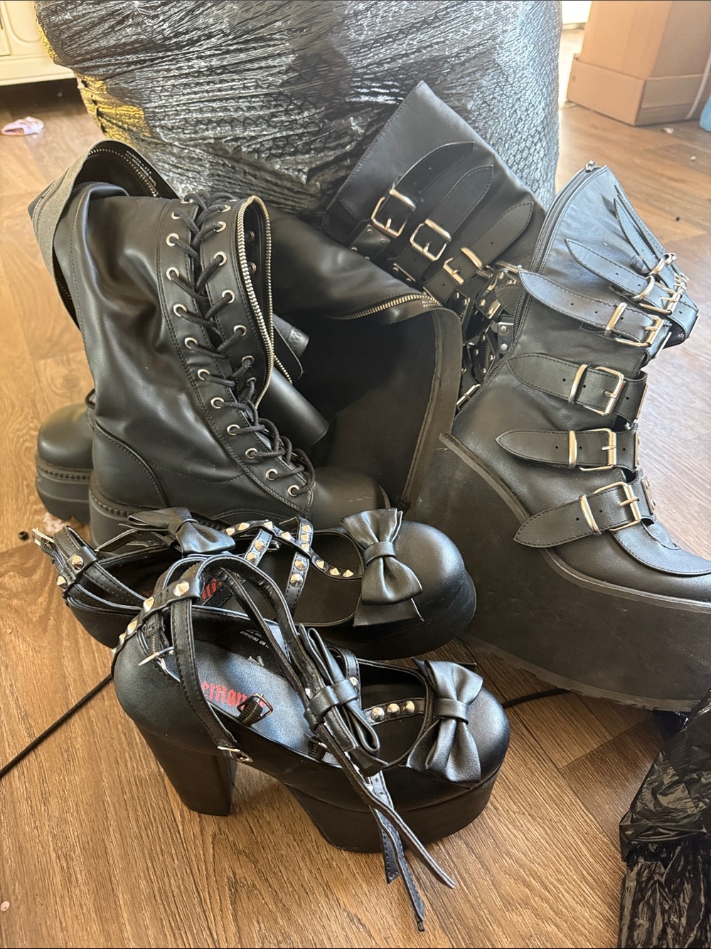 Demonia Black Platform Combat, Buckle Wedge & Bow Strap Heels